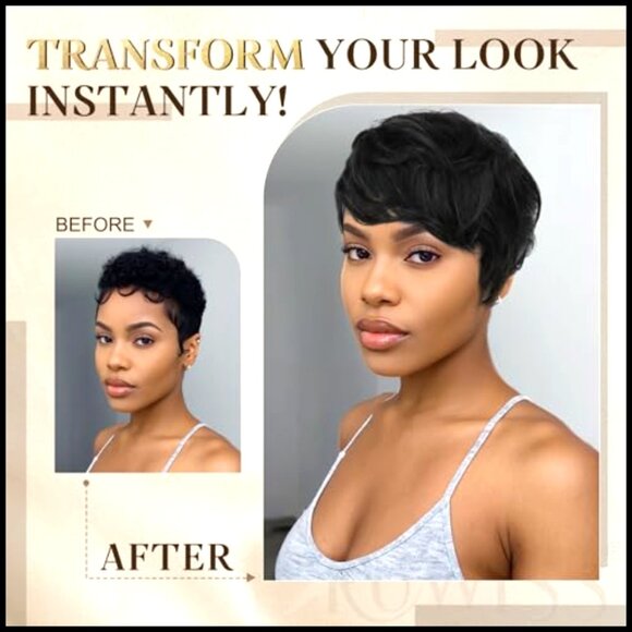 Short Layered Wavy Wig with Bangs Glueless Heat Resistant Human Hair Pixie main image 5